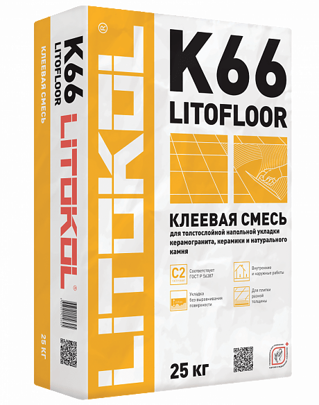 K66 LITOFLOOR Клей для плитки и камня среднеслойный (C2) LITOKOL, 25 кг